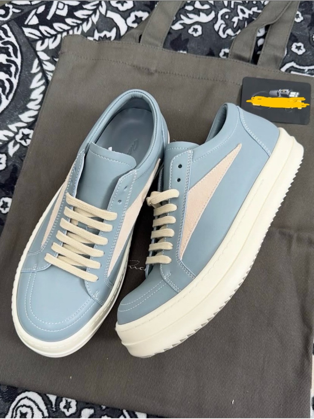 Rick Owens Light Blue Low-Top Sneakers with Cream Accents